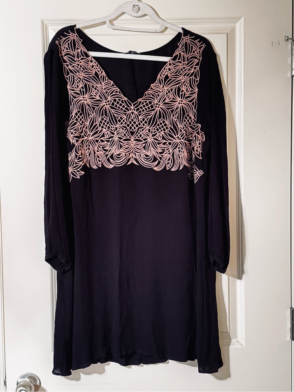 as u wish Womens Plus Size Tunic Dress Embroidered Black Crinkle Boho Peasant 2X